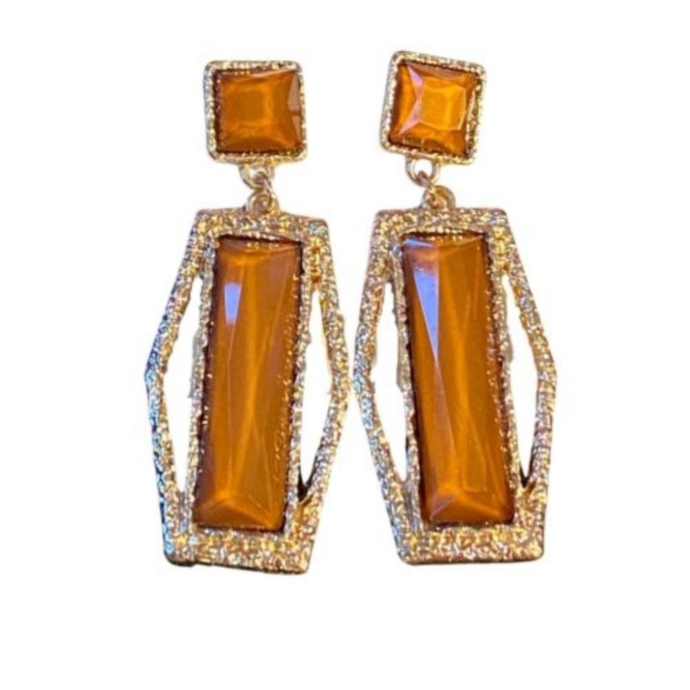 B-Iconic Dramatic Hammered Gold-tone and Brown Dangle Earrings | NEW on Card